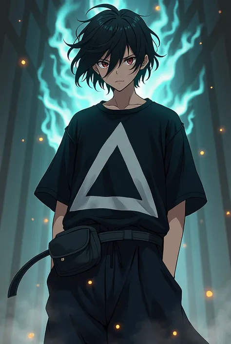 a jujutsu sorcerer anime with messy black hair, a black oversize tshirt with a white triangle pattern on it and baggy pants underneath a black waist bag  