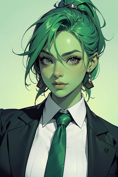 a drawing of a woman with green hair and a tie, inked and colored, ella hulk, green skin!, ella hulk, orc theme, green skin!!, arzach style comic, Full color drawing, sexy female, green skinned, high quality colored sketch, drawn in the style of artgerm, c...