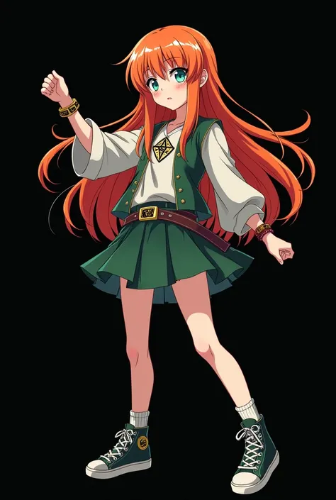 A full body image of an  child, personagem do anime "JUJUTSU KAİSEN", she is very beautiful, with long, straight, fire-colored hair with two white streaks highlighted in the front, framing your face. She has blue-green eyes and pale skin.. she is a Wiccan,...