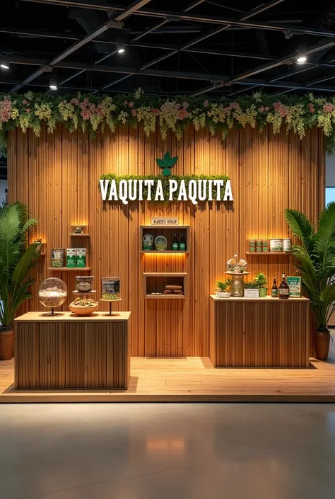 Stand for a fair with the name VAQUITA PAQUITA on the wall. Let there be bamboo walls, the recycled wood floor and good lighting.