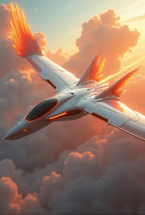 a phoenix airplane macha from white metal, soaring on the sky, metal reflection body, cinematic lighting, spreading the wings and gliding, gliding pose, glowing orange eyes, glowing steel orange wings, glowing steel orange tails, iron claw, bright color, m...