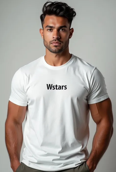 Je veux la photo dun jeune homme musclé en t-shirt blanc avec la marque wstars