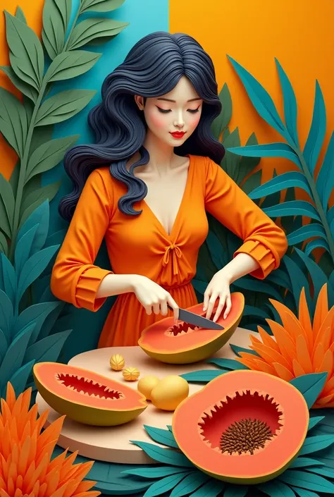 A woman cutting papaya ,  masterpiece, all in three dimensional paper art、(Almond Shapes);1.9、(Three-dimensional paper-cut art.、colorful):1.9
