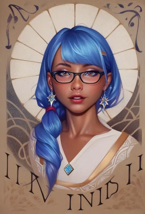 smudgy, traditional art, liu2, brush texture, score_9, score_8_up, score_7_up, score_6_up, score_5_up, score_4_up, BREAK 1girl, girl with blue hair and bangs with glasses with beautiful tanned skin looking at the camera girl, black skin, detailed backgroun...