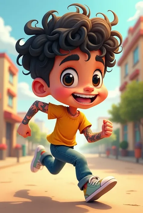 A cartoon caricature of a boy with dark, curly, shoulder-length hair, big, bright eyes, running, wearing a t-shirt, with tattoos only on his right arm. a piercing on the lip on the right side