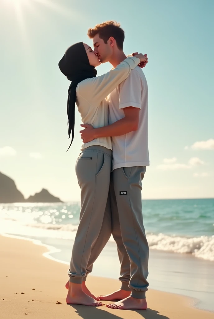 with black headscarf, white long sleeve t shirt, barefoot, grey sweatpants, skinny woman kissing her boyfriend on the beach. 