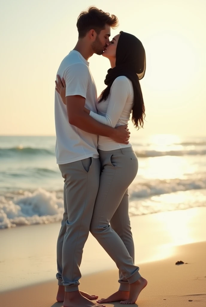 with black headscarf, white long sleeve t shirt, barefoot, grey sweatpants, skinny woman kissing her boyfriend on the beach. 