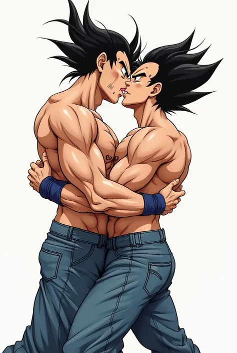 Goku and Vegeta kissing on the mouth (Tongue kiss, shirtless both of them, with jeans, barefoot and in the form of a drawing)