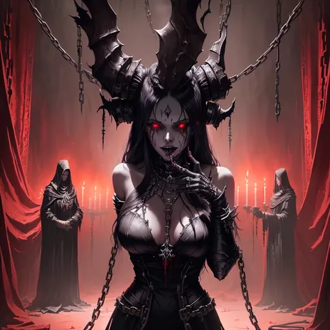 demonic woman with chains and blood on her face in a dark room, lovecraftian background, cultist, dark fantasy horror art, warframe infested art, lovecraftian hellscape, an ominous fantasy illustration, horror fantasy art, just art for dark metal music, fa...