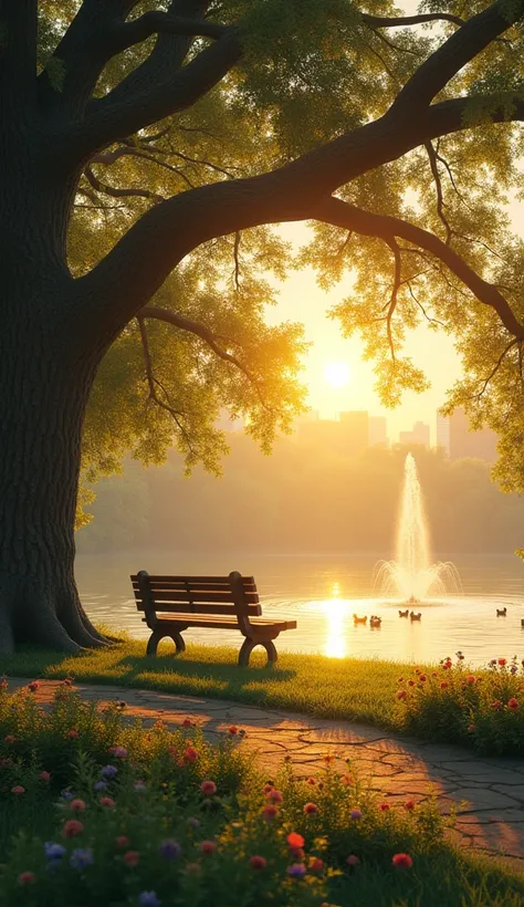 A tranquil park bathed in the soft light of a setting sun, where shadows stretch long and the golden light dances through the leaves. A solitary bench sits beneath a large oak tree, its branches swaying gently in the breeze. The bench is empty, facing a sm...