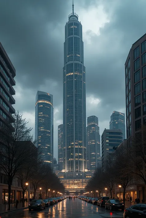 seattle city with, extra modern skyscraper and in the middle of one big skyscraper, sky is full of black clouds raining, 