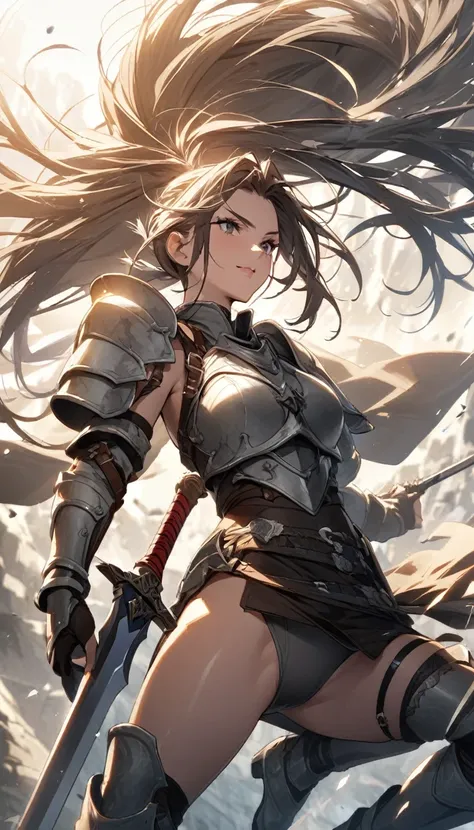 Ultra-high definition image quality、beautiful girl、Female Warrior、Female Swordsman、Light Armor、Silver Boots、Long Hair、knight&#39;hair ornaments、Silver Hair、20-year-old、Be confident々face、Very short tight skirt、Sexy posture、wilderness、Highest quality,Big Ass...