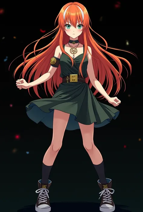 A full body image of an  child, personagem do anime "JUJUTSU KAİSEN", she is very beautiful, with long, straight, fire-colored hair with two white streaks highlighted in the front, framing your face. She has blue-green eyes and pale skin.. she is a Wiccan,...