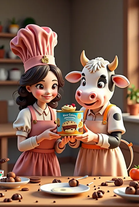 I&THE SWEET TEMPTATION, TWO SISTERS CREATE A DESSERT CALLED RICE CUISINE, AND A HAPPY COW COMES OUT HOLDING A CAN OF RICE CUISINE, WITH CHOCOLATE, GOURMENT STYLE COOKIE
