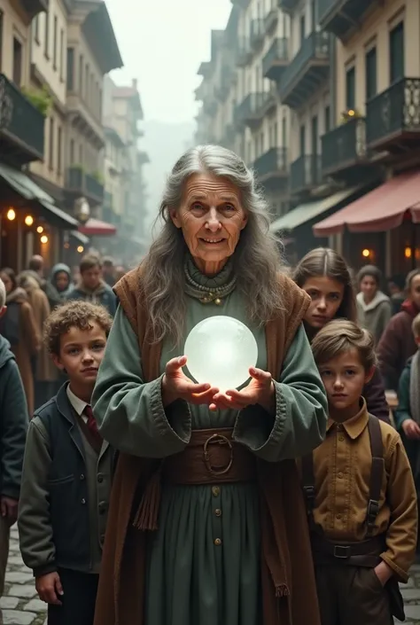 Old woman holding a small white crystal ball in the streets surrounded by children 