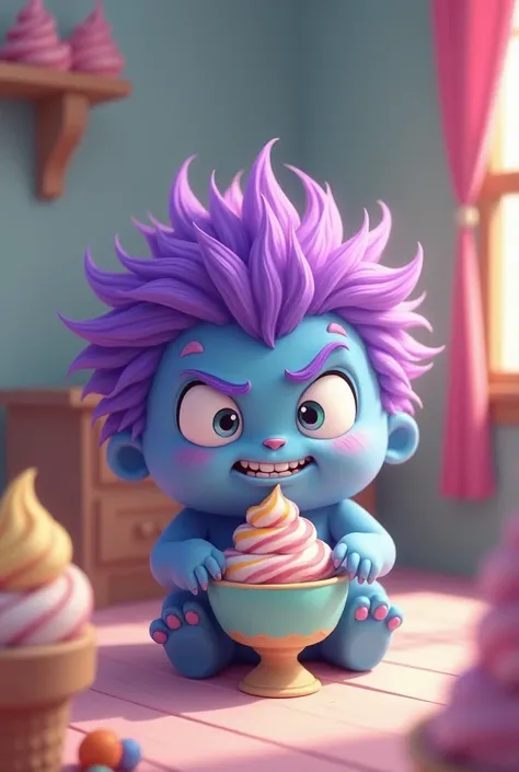 Cute little purple-haired monster refuses to swallow the ice cream