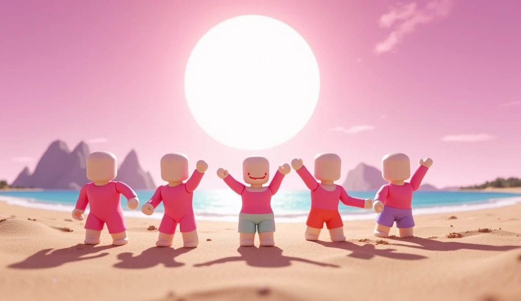 Square Roblox baby dolls having fun, with pink and kawaii clothes, they have white skin, no mouth partying in the sand, cartoon, Vice City GTA, pink sky background with a white sun and in the distance a huge mountain, they walk towards the bottom, panorami...