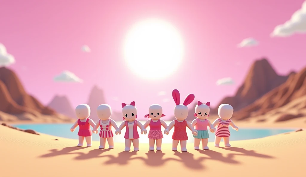 Square Roblox baby dolls having fun, with pink and kawaii clothes, they have white skin, no mouth partying in the sand, cartoon, Vice City GTA, pink sky background with a white sun and in the distance a huge mountain, they walk towards the bottom, panorami...