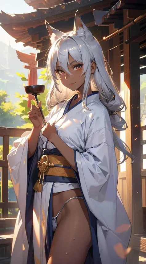 （dark skin,silver hair,fox girl）,(perfectly detailed face),(young) ,((kimono)),((loincloth)),shrine,noon,sweaty,smirk,high resol...