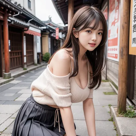 laughing out loud，2，Skirt length above knee,Wearing a white pleated skirt,(knee shot), 1 female, On the face, laughing out loud, light brown hair, blunt bangs, hair behind ears, Shoulder length hair, long hair, Slender body type, 超face slimming型, face slim...