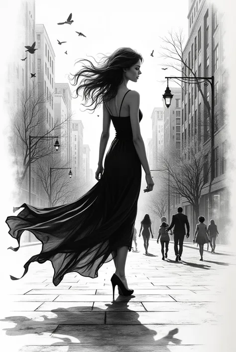 A captivating and intricate ink drawing of a young woman walking down a New York City street, masterfully blending gothic punk art with whimsical elements. The black and white silhouette of the woman is viewed from various random angles, adding to the sens...