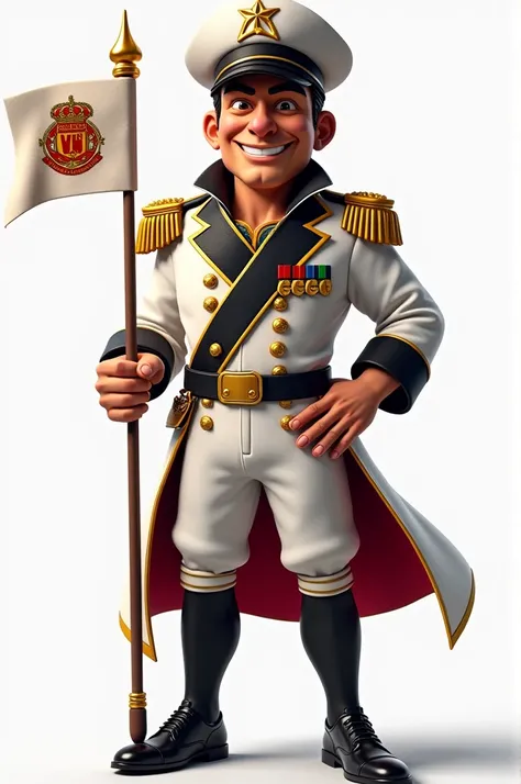 "Create an image of the Vasco da Gama football team mascot. The mascot is an admiral with a classic and imposing appearance.. He must be wearing a traditional sailor uniform., with a white admiral&#39;s hat with a gold star. The outfit should have black an...