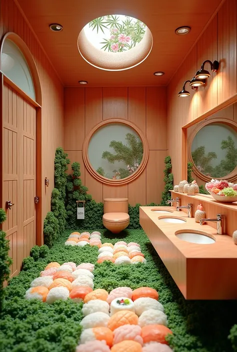 ((masterpiece, 8k, best quality, 8k, super realistic, high resolution:1.3)), fictional bathroom, bathroom made of sushi, bathroom made of cooked rice, bathroom made of seaweed, styled, Japanese, sushi world, edible bathroom.