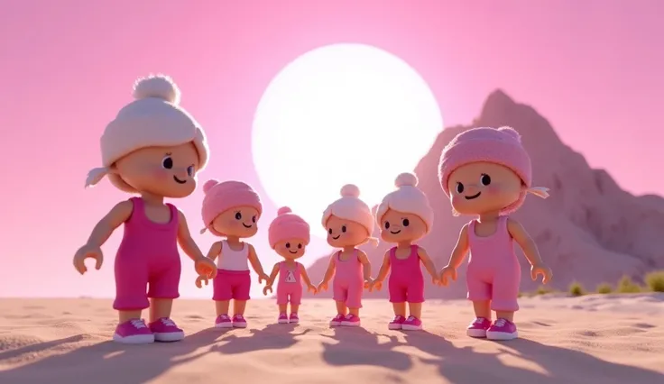 Roblox square baby dolls having fun, with pink clothes and kawaii white hair and pink fluffy hat, they dress fashionably, they have white skin, no mouth partying in the sand, cartoon, Vice City GTA, pink sky background with a white sun and in the distance ...