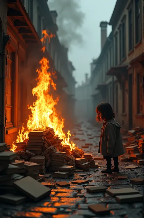 Create a picture where piles of books are burning on the street in old times and a girl hinding near them 