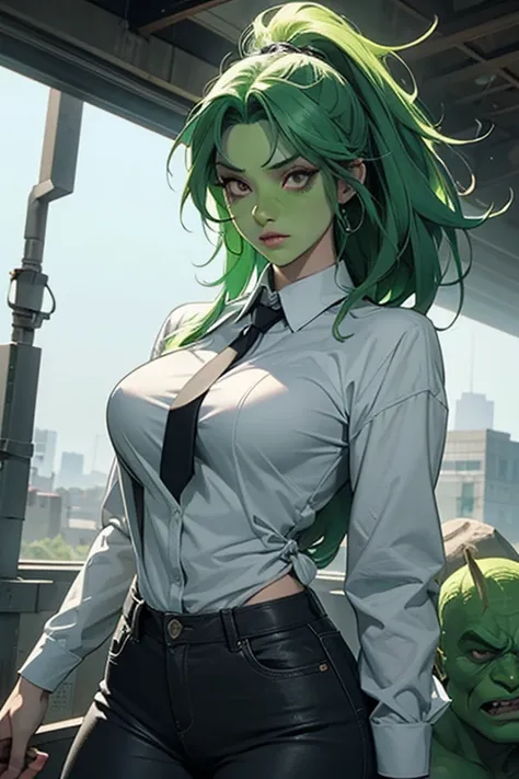 a drawing of a woman with green hair and a tie, inked and colored, ella hulk, green skin!, ella hulk, orc theme, green skin!!, arzach style comic, Full color drawing, sexy female, green skinned, high quality colored sketch, drawn in the style of artgerm, c...