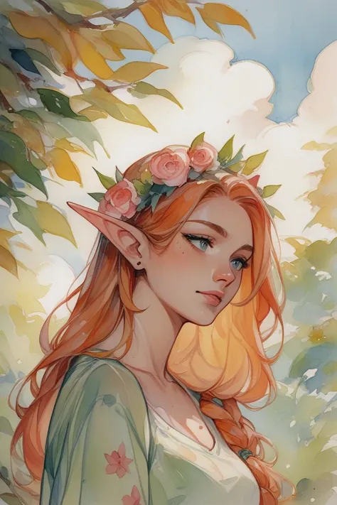 watercolor (medium), traditional media, high elf with straight ginger hair wearing floral crown, looking down to the right