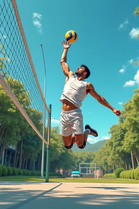 A adult boy playing volleyball with a good jump and smashing boll
