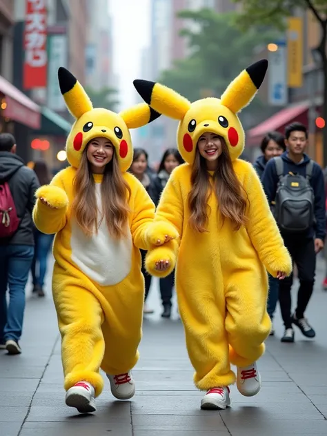 two women dressed in huge Pokemon fursuit costumes, walking down a street together,  The women are posing for a picture, showcasing their fun and creative costumes. In the background, there are several other people walking around, some of whom are carrying...