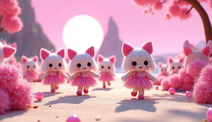 Roblox square baby dolls having fun, with pink dresses and kawaii white hair and pink fluffy hat, they dress fashionably, they have white skin, no mouth partying in the sand, cartoon, Vice City GTA, pink sky background with a white sun and in the distance ...