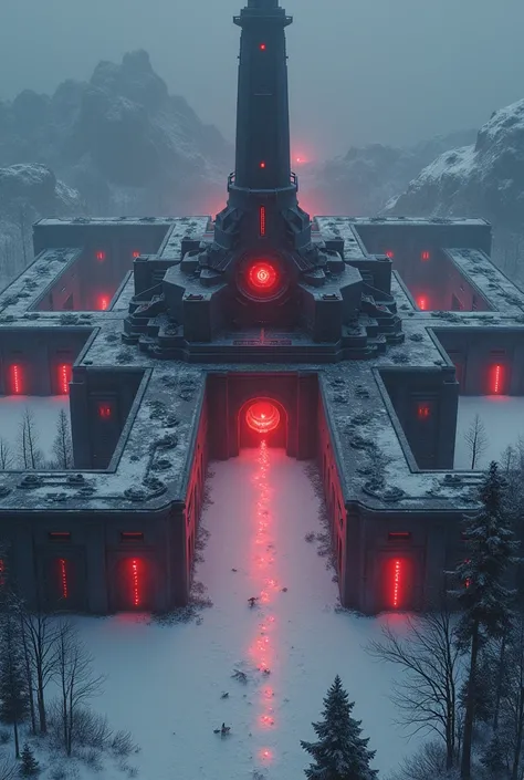 I would like to see a military base in the snow, with aspects of dictatorship, buildings around magical energy glowing , base with black and red tones, with eye symbols
