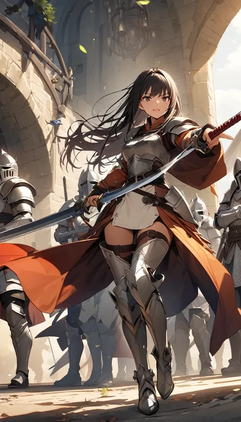 Ultra-high definition image quality、beautiful girl、Female Warrior、Female Swordsman、Light Armor、Silver Boots、Long Hair、knight&#39;hair ornaments、Silver Hair、20-year-old、Be confident々face、Very short tight skirt、Sexy posture、wilderness、Highest quality,Big Ass...