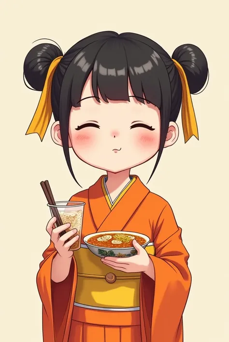 A simple drawing without many features of a closed-eyed Chinese girl with two Pucca-style tails in her hair and an orange Kimono and yellow sashes with a glass of instant noodle soup in her right hand and her other hand as if she were presenting something....