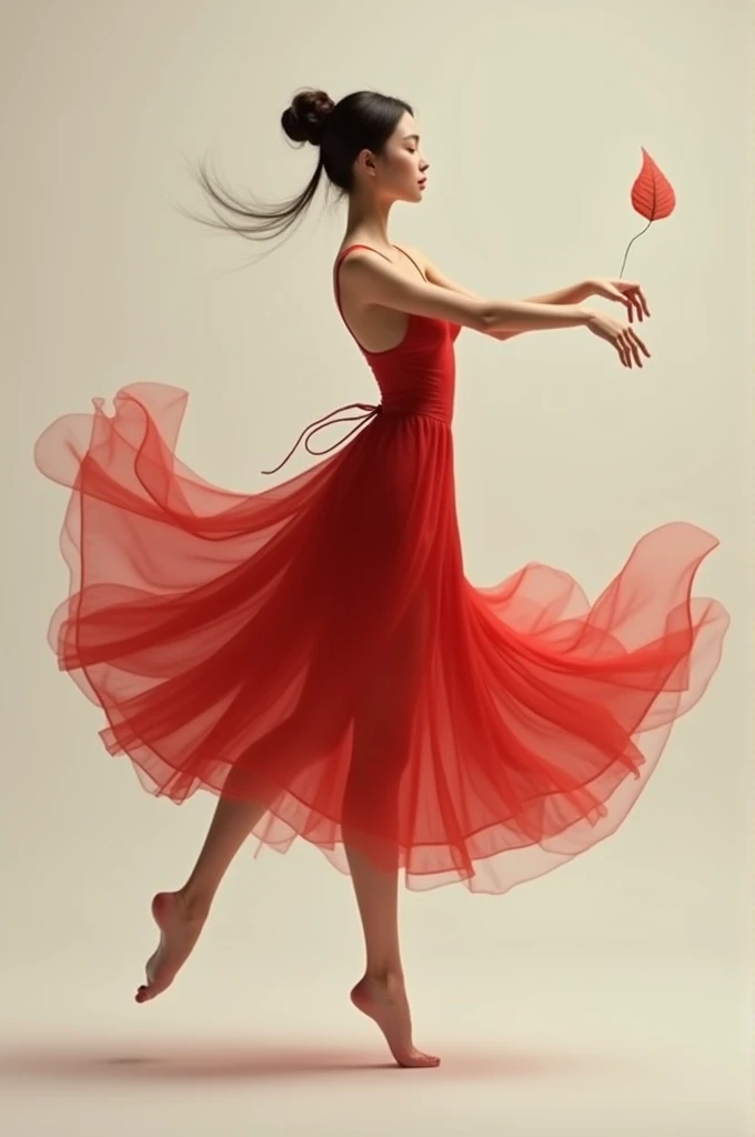 solo, 1girl, leaf, dancing, dress, parody, fine_art_parody, closed_eyes, high_heels, standing, standing_on_one_leg, red_dress