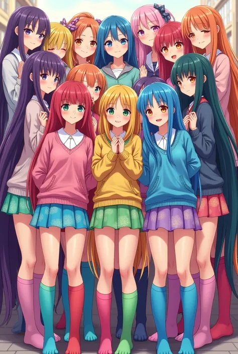 A rainbow-colored very very very very very short 15cm patterned skirt. Colorful very very very very very very long socks. 2 wearing a rainbow-colored hirajuku with a large heart..5 meters long hair, 7,000 animated girls are gathered together with their sho...