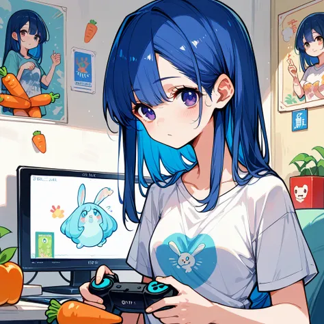 a girl，depicting xiao hong in her room，the room was dim，just a few screens displaying various video games emit a soft blue light...