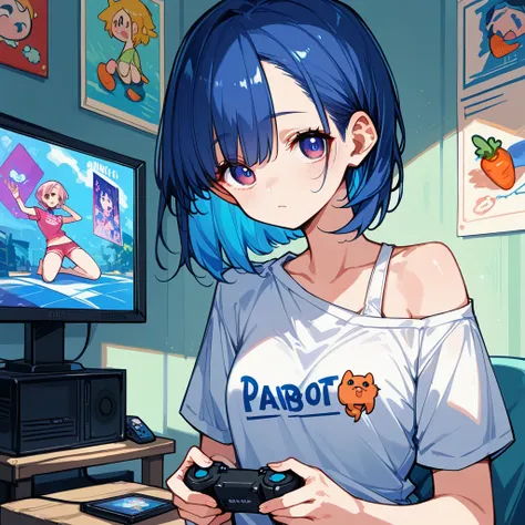 a girl，Depicting Xiao Hong in her room，The room was dim，Just a few screens displaying various video games emit a soft blue light。The room should present a comfortable but slightly cluttered atmosphere，full of game consoles、Controller and game poster on wal...