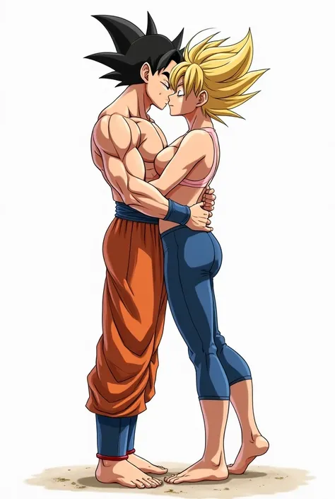 Goku and Vegeta kissing on the mouth (its two men: both with their eyes closed; delicious kiss; shirtless both of them; with tight, knee-length jeans; barefoot and in the form of a drawing)