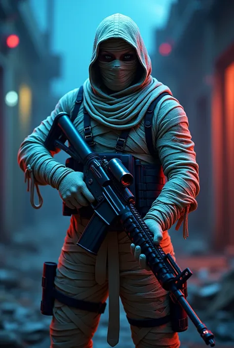 Pubg mummy suit with gun and blue and red light
