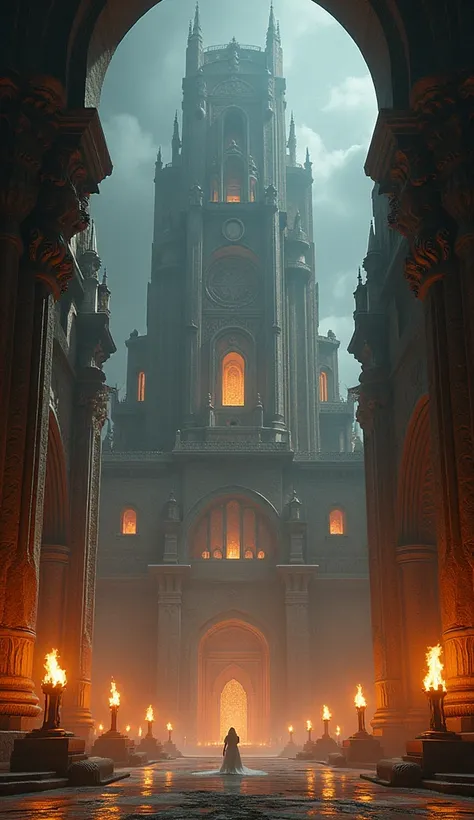 A breathtaking, ancient city emerges from the darkness. Towering structures, intricate carvings, and a vast central plaza are bathed in the light of torches