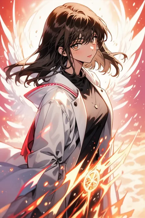 1 girl, solo, high resolution, breasts, short brown hair, yellow eyes, masterpiece, precise, best quality, anatomically correct, makeup, glowing pupils, sparkling eyes, contemplating, anime, anime style, wearing a long white coat