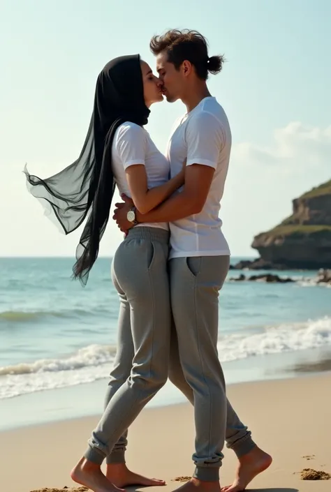 with black headscarf, white long sleeve t shirt, barefoot, grey sweatpants, Slim sexy woman kissing her boyfriend on the beach. 