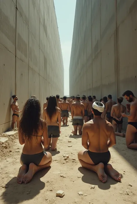 Aerial view of a concrete wall dividing two groups of people praying. On the left side, evangelical women with long hair standing on end, facing the wall. on the right side, strong, bearded Iranian men in just their underwear and an Islamic headdress on th...