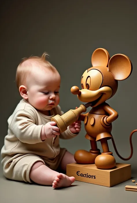 Un vrai Bebe surdouée crée une magnifique sculpture de Mickey, Wooden, with his baby chainsaw. The baby is proud. humorous caricature.  Ecrire en francais sous mickey :  " Gifted artist " 