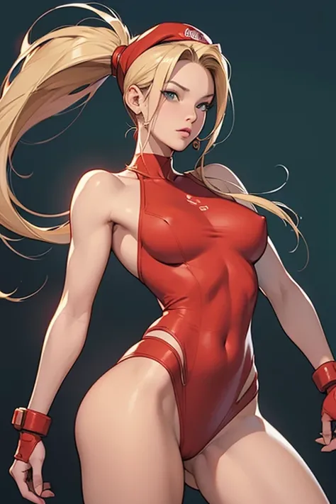 a drawing of a totally naked woman and a red hat, Cammy, high quality colored sketch,  no suit, temática de Cammy de street figther, Samus Aran Fanart, inked and colored, Comic style art, comic digital art, A blonde emerald warrior, highly detailed exquisi...