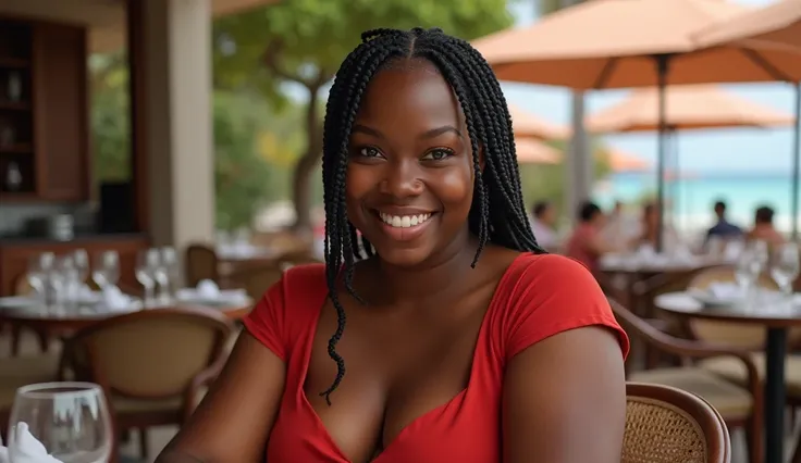 a realistic photo, hdr resolution, hyper detailed, uhd photo realistic, 1 girl, black, a little round, voluptuous shapes, smiling, braided hair, she is wearing a light red dress, she is staring at the lens, she is sitting at a table on a restaurant terrace...